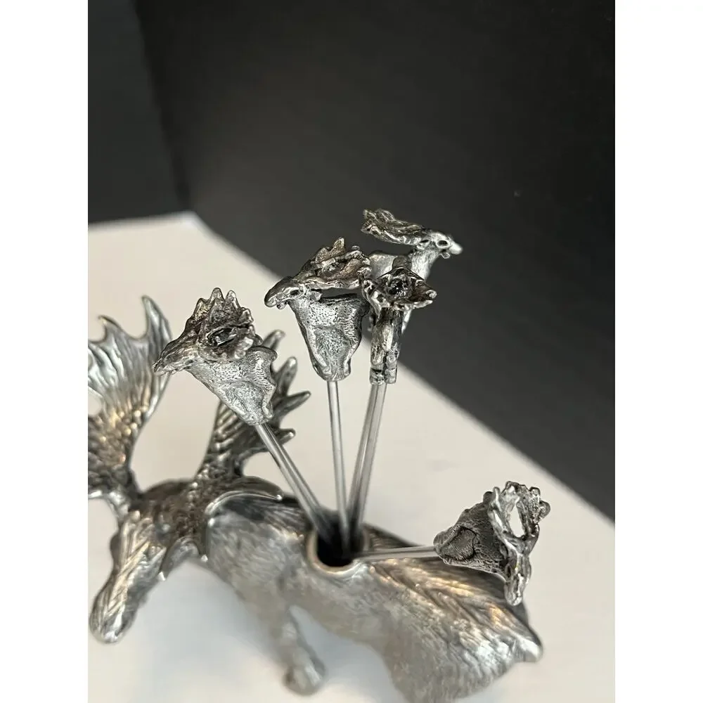 Stag Head Pewter Glass Bowl Cocktail Pick Holder & Picks 3pc Set Condiment Lodge